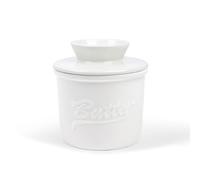 fanquare White Alphabet Porcelain Butter Dish, French Ceramic Butter Crock with Lid and Handle, Sealed Butter Jar with Water Line
