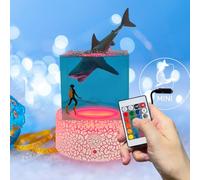 Fanrui Megalodon Shark and Diver Resin Night Light, Handmade Resin Shark Sea Animals Cube Lamp, 16 Colors Change LED Dimmable Desktop Ornament with Remote, Suitable for Home Bedroom Office Decor,