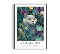 Fans Favourites William Morris - Cat Prints Vintage Art Noevua British Prints, Botanical Wall Art, A History of British Design Collection (Lilac British Short Hair, A5, Framed)