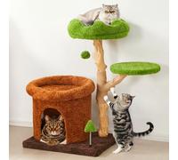 Fansafurn Cute Cat Tree with Scratching Posts, Bed & Condo, Multi-Level Cat Tower for Playful Cats and Multiple Cats, 32" Wooden Climbing Tower with Natural Wood & Soft Plush