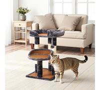 Fansafurn Multi-Level Cat Tree for Indoor Cats, Modern Cat Tower with Double Beds & Scratching Posts, 27 in Cute Cat Tree for Large Cats and Kitten, Small Cat Climbing Tower with Hanging Toys, Grey