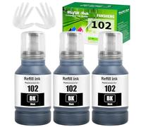 FANSHENG 102 Ink Compatible with Epson 102 ink refill bottles for EcoTank ET-2850 ET-4850 ET-2856 ET-3850 ET-15000 ET-2750 ET-2751 ET-2700 ET-3700 ET-3750 ET-4750 ET-4856 ET-2756 (3 Pack, Black x 3)