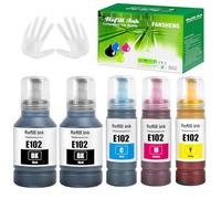 FANSHENG 102 Ink Compatible with epson 102 ink refill bottles for ecotank ET-2850 ET-4850 ET-2856 ET-3850 ET-15000 ET-2750 ET-2751 ET-2700 ET-3700 ET-3750 ET-4750 ET-4856 ET-2756 (5 Pack 2BK/C/M/Y)