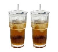 FANSHINUO 600ml Textured Glass Tumblers Cups with Lid and Efficient Straw, Clear Beverage Glasses for Cold Drink Coffee Teas