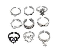 FANSHINUO 9 Pieces Thorn Gothic Rings Set for Women and Men Silver Punk Grunge Vintage Jewelry with Heart Snake Skull Designs