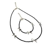 FANSHINUO Black Crystals Beaded Bowknot Bracelet Necklace Set Elegant Alloy Jewelry Accessory for Women Daily Party Wear