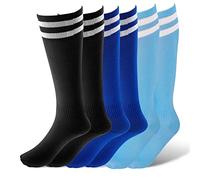Fanshiontide 3 Pairs Football Socks, 3 Colors s Football Socks Unisex Non-slip Long Breathable Soccer Socks for Daily Running Training Sports Socks for Boys Aged 5-12, Blue+Light Blue+Black
