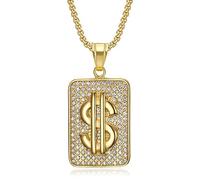 Fanshu Stainless Steel US Dollar Dog Tag Pendant Iced Out Bling AAA Zircon Money Sign Hip Hop Collar Chains Necklace for Men Women Couple Friends Gift Fashion Jewelry, Non-Precious Metal, created