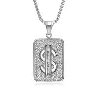 Fanshu Stainless Steel US Dollar Dog Tag Pendant Iced Out Bling AAA Zircon Money Sign Hip Hop Collar Chains Necklace for Men Women Couple Friends Gift Fashion Jewelry, Non-Precious Metal, created