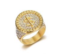 Fanshu Stainless Steel US Dollar $ Rings Gold Money Symbol Rich Millionaire Luxury Zircon Full Bling Hip Hop Rings for Men Women Friends Couple Gift Fashion Jewelry, Metal, Created Zircon