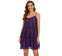FANSI NOVA Women's Glitter Sequin Dress Adjustable Spaghetti Strap V Neck Fashion Sparkle Layered Evening Party Dress, Purple, M
