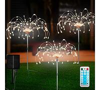FANSIR Solar Garden Lights Outdoor 3 Pcs Solar Fireworks Garden Lights with Remote Control 8 Modes 120 LEDs Waterproof Outdoor Lamp Lawn Backyard Flower Boxes Pathway Warm White