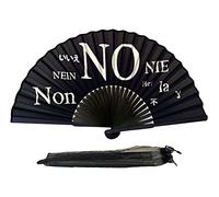 FANSOF.FANS Black Silk Fabric Folding Hand Held Fan with a Pouch Bamboo Ribs Chinese Vintage Handheld Girls Women Wedding Party Favour Gift (Say No)