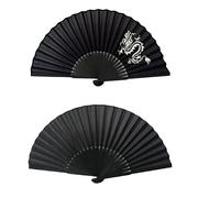 FANSOF.FANS Black Silk Fabric Folding Hand Held Fan with a Pouch Bamboo Ribs Chinese Vintage Handheld Girls Women Wedding Party Favour Gift (Simple Black n Dragon Art)
