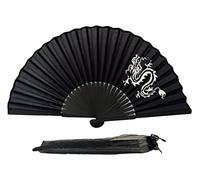 FANSOF.FANS Black Silk Folding Hand Fan with Pouch & Bamboo Ribs - Chinese Handheld Folding Fan for Women, Vintage Style Cooling Hand Fans for Wedding Guests, Bridal Shower & Hen Party Favours