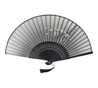 FANSOF.FANS Black Silk Folding Hand Fan with White Blossom Print, Bamboo Ribs & Pouch - Elegant Handheld Cooling Fan for Women, Wedding, Dance, Cosplay & Summer (White Floral Blossom)