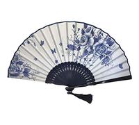 FANSOF.FANS Ink Art Handheld Folding Fan with a Handcrafted Box Fabric Pouch for Women Girls Black and White with Silver Touch Up Durable Folding Fabric Hand Fan (Blue Roses)