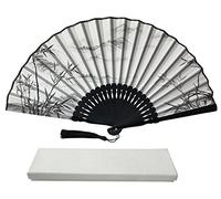 FANSOF.FANS Ink Art Handheld Folding Fan with a Handcrafted Box Fabric Pouch for Women Girls Black and White with Silver Touch Up Durable Folding Fabric Hand Fan (Mountains Scenery)