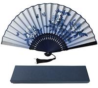 FANSOF.FANS Ink Art Handheld Folding Fan with a Handcrafted Box Fabric Pouch for Women Girls Black and White with Silver Touch Up Durable Folding Fabric Hand Fan (Blue Flowers)