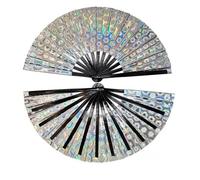 FANSU 2/4/6/8 Pack Large Handheld Folding Fan Laser Rave Folding Hand Fan Holographic Foldable Popping Line Dance Portable Clapper fan for Women Dancing Laser Rave (Silver,8 pcs)