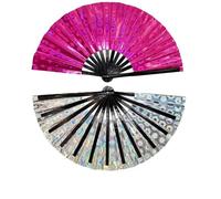 FANSU 2/4/6/8 Pack Large Handheld Folding Fan Laser Rave Folding Hand Fan Holographic Foldable Popping Line Dance Portable Clapper fan for Women Dancing Laser Rave (Pink,6 pcs)