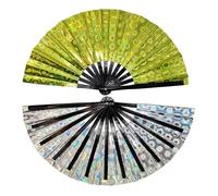 FANSU 2/4/6/8 Pack Large Handheld Folding Fan Laser Rave Folding Hand Fan Holographic Foldable Popping Line Dance Portable Clapper fan for Women Dancing Laser Rave (Yellow,2 pcs)