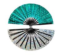 FANSU 2/4/6/8 Pack Large Handheld Folding Fan Laser Rave Folding Hand Fan Holographic Foldable Popping Line Dance Portable Clapper fan for Women Dancing Laser Rave (Lake green,6 pcs)