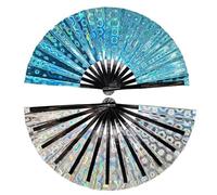 FANSU 2/4/6/8 Pack Large Handheld Folding Fan Laser Rave Folding Hand Fan Holographic Foldable Popping Line Dance Portable Clapper fan for Women Dancing Laser Rave (Blue,2 pcs)