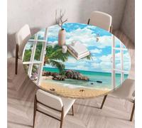 FANSU 3D Round Tablecloth Elastic Edged Fitted Wipe Wipeable Clean summer scenery Table Cover,for Kitchen Dining Room Tabletop,Indoor Outdoor Patio Party (Style 6,180cm)
