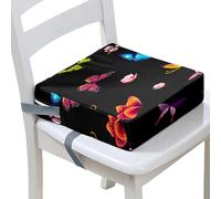 FANSU Baby Toddler Booster Seat Cushion Square, Butterfly Print Kid Dismountable Heightening Dining Chairs Pad Washable Highchair Booster Cushion Mat with Straps (Black,12.6x12.6x3.1inch)