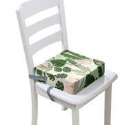 FANSU Baby Toddler Booster Seat Cushion Square, Tropical Plants Print Kid Dismountable Heightening Dining Chairs Pad Washable Highchair Booster Cushion Mat with Straps (Green 8,12.6x12.6x3.1inch)
