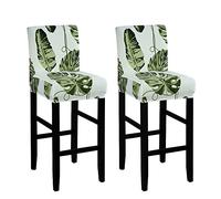 FANSU Bar Stool Chair Covers with Backrest, Bar Stool Covers Stretch Spandex Fabric Removable Washable Chair Slipcovers for Kitchen Dinning Chair Counter Short Back Chair (Set of 2,Green Leaves)
