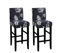 FANSU Bar Stool Chair Covers with Backrest, Bar Stool Covers Stretch Spandex Fabric Removable Washable Chair Slipcovers for Kitchen Dinning Chair Counter Short Back Chair (Set of 2,Black Leaves)