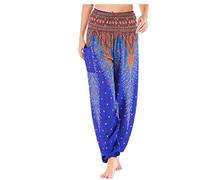 FANSU Boho Harem Pants Women's Thai Floral Yoga Hippy Bohemian Printed Smock Waist Style Hippie Festival Lounge Trousers (Free Size) Peacock Blue