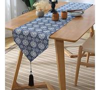 FANSU Cotton Linen Table Runner, Handmade with Tassel Luxury European Modern Home Tablecover Decorative Classic Table Mat Dining Room Party Holiday Decoration (33×120cm,Blue Ethnic)