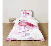 FANSU Duvet Cover 2 Piece Girls Pink Bedding Set, 3D Nordic Flamingo Print Childrens Kids Quilt Cover & Pillow Set for Nursery Toddler Cot Single Size Bed (Purple,120x150cm+40x60cm)