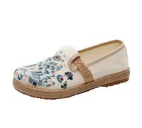 FANSU Espadrilles Women Flat, Flower Embroidery Canvas Shoes Women Size 3.5-7 Comfortable Breathable Portable Slip On Espadrilles Fashion Classic Low-Top Ladies Walking Flat Shoes (White,6)