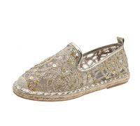 FANSU Floral Sequin Embroidery Espadrilles Women, Comfortable and Portable Women's Espadrille Shoes, Slip-on Flat Espadrilles, Ladies Canvas Shoes No Laces Gold
