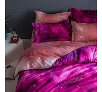 FANSU Galaxy Starry Duvet Cover Set Bedding Sets 4 Piece for Boy Girl Double King Single Size Bed, Microfiber Duvet Set 2 x Pillowcases 1 x Quilt Case 1 x Flat Sheet (Rose Red,180x220cm)