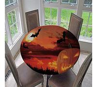 FANSU Halloween Table Cloths Round, Waterproof Washable Oil-Proof Pumpkin Fear Style Tablecloth Outdoor Elastic Edge Table Cover for Kitchen Party Garden Dinning Decoration (Bat pumpkin,130cm)