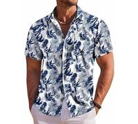 FANSU Hawaiian Shirts for Men Short Sleeve, Summer Floral Hawaiian Shirts Button Down Regular Fit Casual Funky Large S-5XL for Beach Party, Holiday, Surf, Sailboat (Blue Palm Leaves,XL)