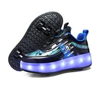 FANSU Kids Roller Shoes with 4 Wheels for Boys Girls, LED Lights Adjustable Quad Roller Skates Size 4-9 Outdoor Retractable Lightweight Skateboarding Shoes for Children Teenager (801 Blue,4.5)