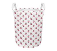 FANSU Laundry Basket Foldable, Strawberry Print Waterproof Round Durable Laundry Hamper Dirty Clothes Storage Basket with Handles for Bedroom, Bathroom, College Dorm, Toys (Pink Strawberry)
