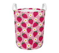FANSU Laundry Basket Foldable, Strawberry Print Waterproof Round Durable Laundry Hamper Dirty Clothes Storage Basket with Handles for Bedroom, Bathroom, College Dorm, Toys (Cartoon)