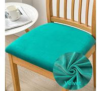FANSU Luxury Velvet Dining Chair Seat Covers Set of 1/2/4/6, Stretch Seat Cushion Slipcovers with Ties Chair Seat Covers Removable Seat Protector for Living Room Office (Lake Green,6pc)