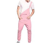 FANSU Men Denim Overalls Trousers Dungarees Vintage Work Bib Jeans Jumpsuits with Knee Pads Pockets Coveralls Pants Big Waist Plus Size (S,Pink)