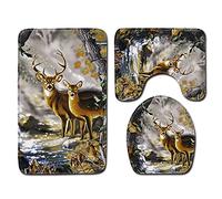 FANSU Non-Slip Bath Mat 3 Piece, Absorbent Bathroom Mat & U Shape Toilet Rug Soft Plush Pedestal Set Washable Bath Rugs for Toilet Tub Shower Kitchen (45x75cm,brown elk)