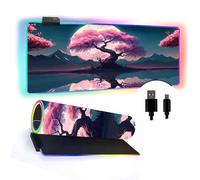 FANSU RGB Gaming Mouse Pad, Extra Large Mouse Mat, Cool LED Light Up Desk Pad, with Non-Slip Rubber Base, Soft Computer Keyboard Mousepad for Game, Moon Tree Print (Pink tree,800x300x4mm)