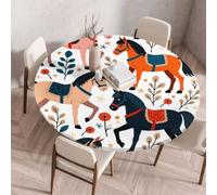 FANSU Round Table Cloth with Elastic Edged, Outdoor Table Cloth Wipe Clean Circle Fitted Tablecloth for Kitchen Dining Room Picnic Party Tabletop 60 to 200cm (Horse Print 8,150cm)