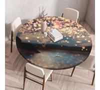FANSU Round Table Cloth with Elastic Edged, Outdoor Table Cloth Wipe Clean Circle Fitted Tablecloth for Kitchen Dining Room Picnic Party Tabletop 60 to 200cm (Sky Lantern print,110cm)